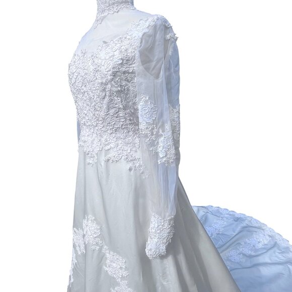 Vtg 70's Victorian Prarie Ivory Custom Bridal Dress Gown Train + Juliet Cap Veil - Picture 14 of 16